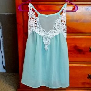 Partially see through, Seafoam green with white lace top. Size L. New no tags.